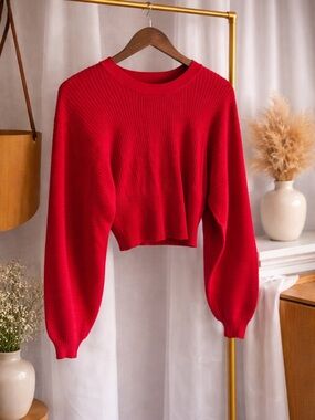 Red Cropped Ribbed Knit Sweater